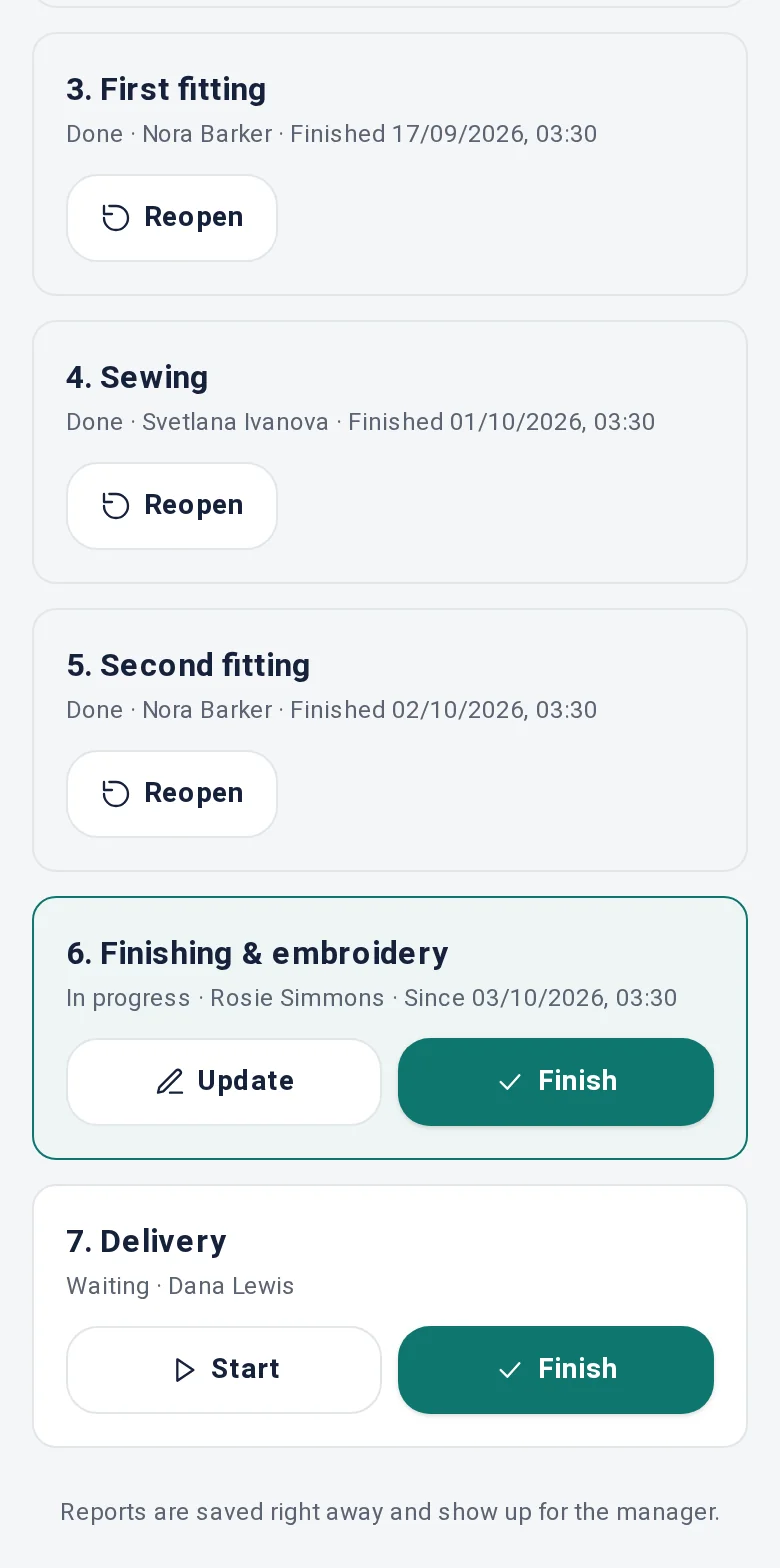 Phone screenshot: a dress's sewing steps, with update and finish buttons for the step in progress